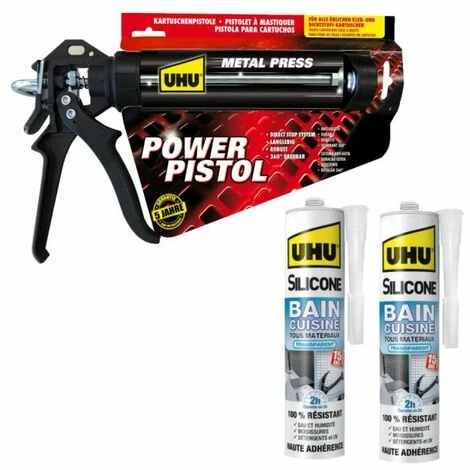 Pack UHU Power Pistol - 2 Cartouches Silicone Mastic Bain Cuisine 2H Transparent - 2x300ml - Transparent 3 Pack UHU Power Pistol - 2 Cartouches Silicone Mastic Bain Cuisine 2H Transparent - 2x300ml - Transparent