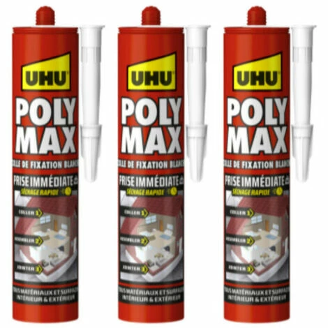 Lot De 3 Colles Mastic Prise Immédiate Polymax UHU Blanc Cartouche - 425 G - Blanc 3 Lot De 3 Colles Mastic Prise Immédiate Polymax UHU Blanc Cartouche - 425 G - Blanc