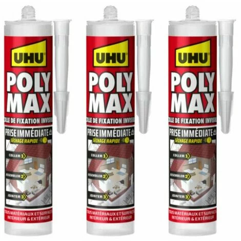 Lot De 3 Colles Mastic Prise Immédiate Polymax UHU Invisible Cartouche - 300 G - Transparent 3 Lot De 3 Colles Mastic Prise Immédiate Polymax UHU Invisible Cartouche - 300 G - Transparent